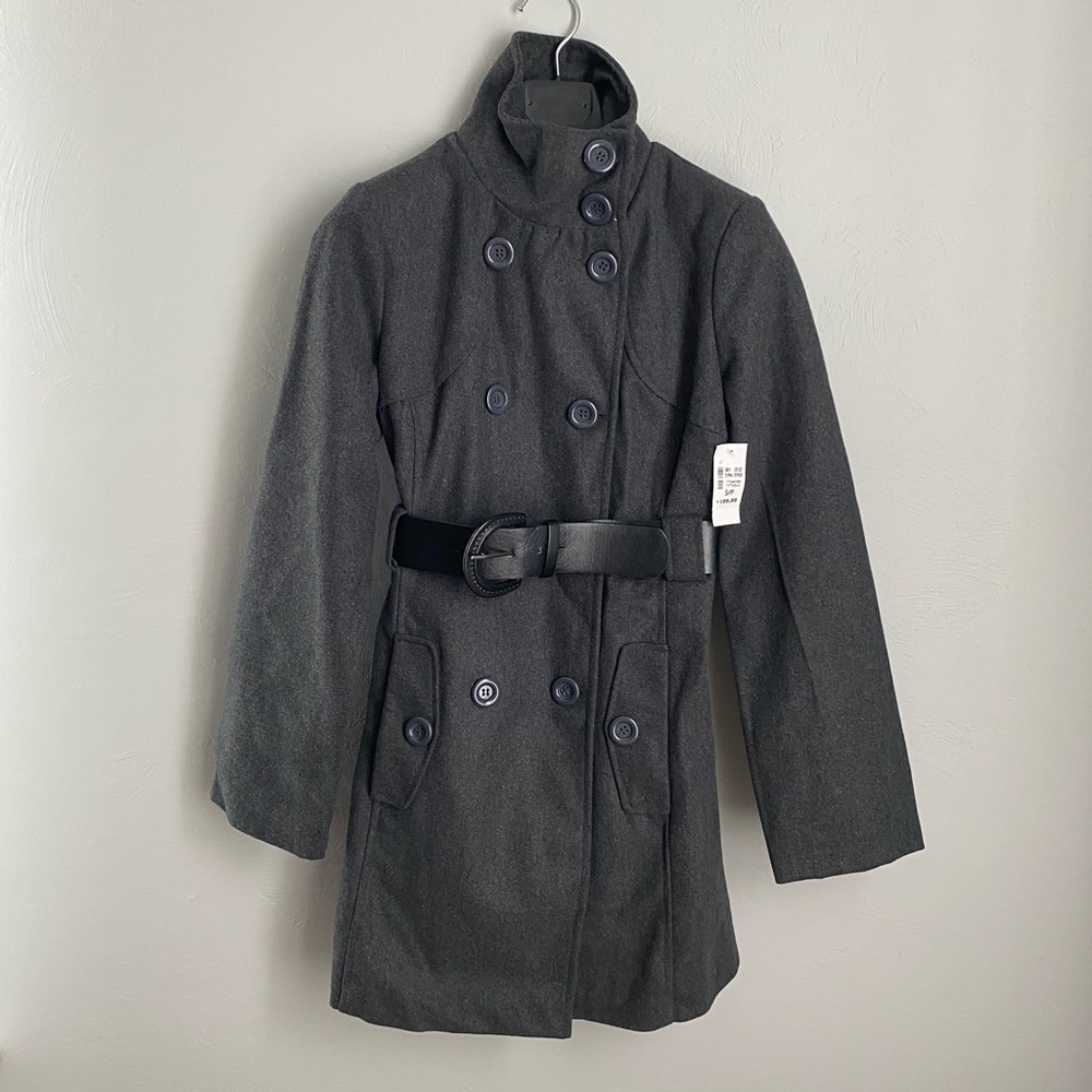 NEW LOOK Gray Winter Coat with Black Belt Buttoned